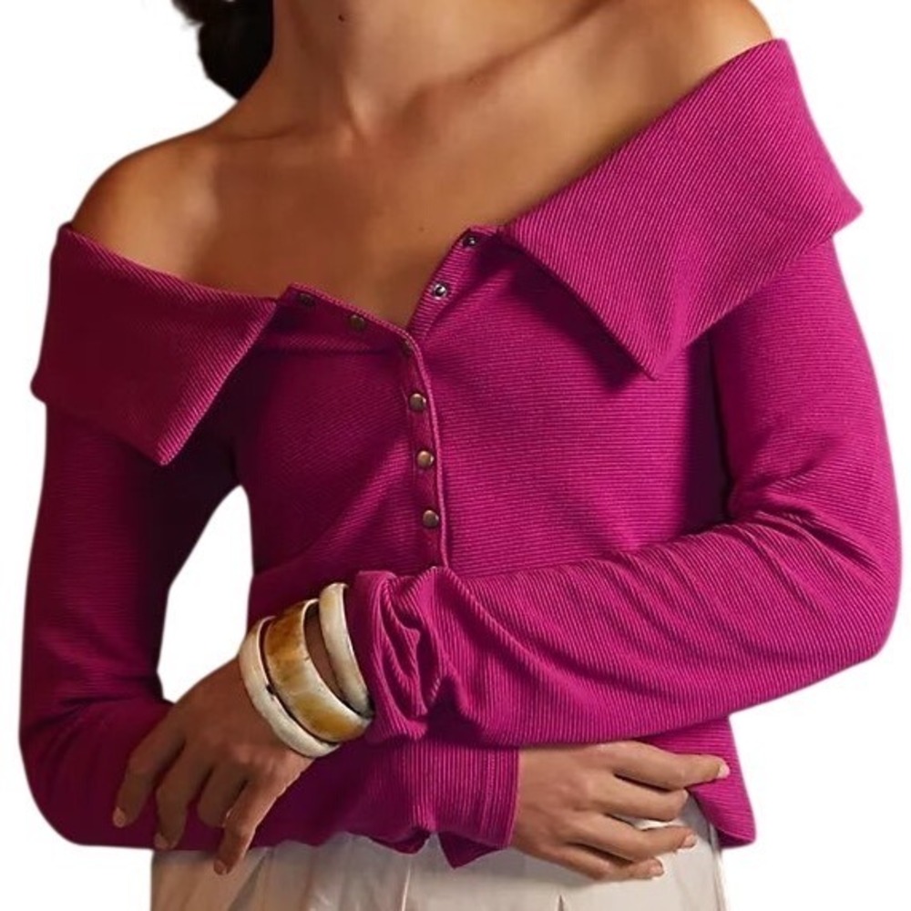 NWT Anthropologie Maeve Off-the-Shoulder Ribbed Buttondown Top Purple Sz Medium